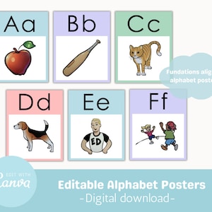 Cartazes de alfabeto de sala de aula em tons pastel brilhantes, Fundações alinhadas, Decoração de sala de aula, Cartazes de sala de aula, Alfabeto editável, Gestão de sala de aula