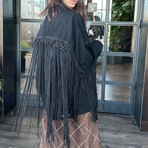 Jacke SLEEVELESS OVERLAY Makramee Outfit Lange Fransen Original Handgemachte Baumwollkordel Jeansjacke Festliche Vertuschen Makramee Baumwoll Overl