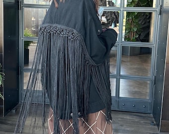 Jacket SLEEVELESS OVERLAY Macrame Outfit Long Fringe Original Handmade Cotton Cord Jean Jacket Festive Cover Up  Macrame Cotton Overl