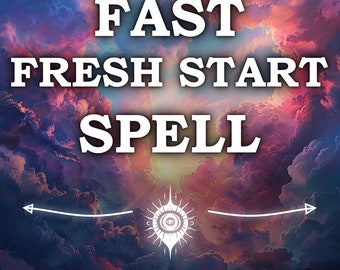 Puede incluir: Un diseño gráfico con fondo blanco y un cielo colorido con nubes. El texto "FAST FRESH START SPELL" está en blanco y el texto "same day cast" está en blanco en la parte inferior de la imagen.