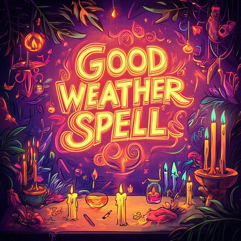 Peut inclure: Illustration avec l'inscription "Good Weather Spell" en jaune vif sur fond violet. La sc&egrave;ne comprend des bougies allum&eacute;es, des plantes et des &eacute;l&eacute;ments mystiques, cr&eacute;ant une atmosph&egrave;re magique.