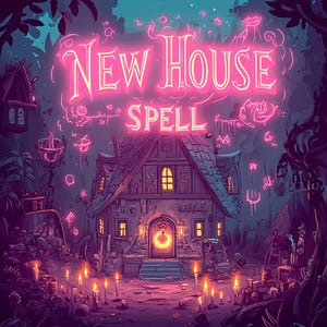 May include: A digital illustration of a pink neon sign that reads "NEW HOUSE SPELL" above a small, dark wooden house with a glowing orange door. The house is surrounded by trees and glowing pink symbols.