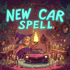 May include: Illustration of a witch performing a spell over a purple car. The text "NEW CAR SPELL" is in bright turquoise. The scene is surrounded by candles and mystical decor, creating a magical atmosphere.