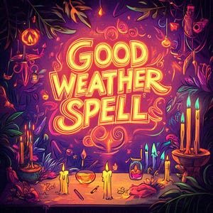 May include: A vibrant illustration featuring the words "Good Weather Spell" in neon yellow against a purple backdrop. The image depicts lit candles, foliage, and mystical objects, evoking a magical ambiance.