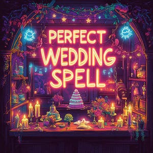 May include: A neon sign displaying the text PERFECT WEDDING SPELL in bright orange letters. Below the sign, a wooden table holds a tiered cake, various floral arrangements, lit candles, and small glass bottles in a dimly lit, purple-toned room.