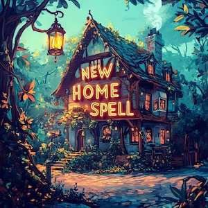 Könnte beinhalten: Eine Illustration eines skurrilen Hauses in einem üppigen Wald. Das Haus zeigt ein leuchtendes "NEW HOME SPELL"-Schild, mit warmer Beleuchtung von den Fenstern und einer hängenden Laterne. Das Kunstwerk hat ein Fantasy-Thema.