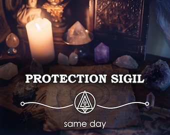 May include: A white candle burns brightly on a wooden table surrounded by crystals and a parchment with a protection sigil and the text "same day".