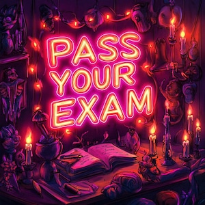 Op de afbeelding: Een neonbord met de tekst "PASS YOUR EXAM" verlicht een kamer vol kaarsen, boeken en decoratieve objecten. De scène baadt in warme kleuren, wat een gezellige en magische sfeer creëert. De afbeelding suggereert studie en voorbereiding.