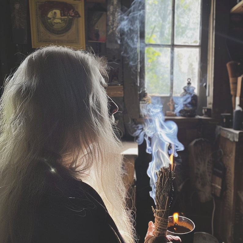 K&ouml;nnte beinhalten: Eine Person mit langen wei&szlig;en Haaren h&auml;lt ein brennendes Salbeib&uuml;ndel, das blaue Rauchschwaden erzeugt. In der anderen Hand wird eine kleine Tasse mit einer Flamme gehalten. Die Szene spielt in einem schwach beleuchteten Raum mit einem Fenster im Hintergrund.