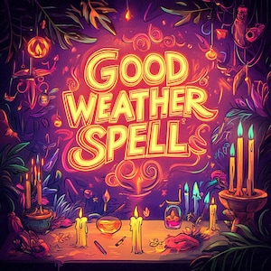 May include: A vibrant illustration featuring the text Good Weather Spell in glowing yellow letters against a purple background. The scene includes multiple lit candles, small glass jars, and stylized foliage, creating a warm, mystical atmosphere.