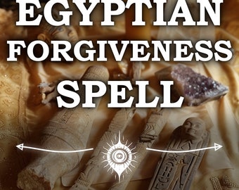 Può includere: Un'immagine di un incantesimo egizio di perdono con le parole "Egyptian Forgiveness Spell" in testo bianco su uno sfondo dorato. L'immagine include anche una candela, cristalli e piccole statuette di legno.
