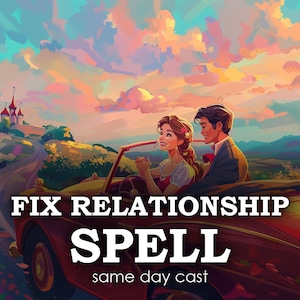 Puede incluir: Una pareja conduce un coche rojo descapotable con un cielo de puesta de sol en el fondo. El texto "FIX RELATIONSHIP SPELL same day cast" está en el coche.
