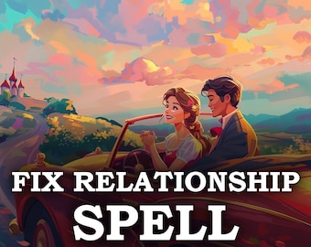 May include: A couple drives in a red convertible car with a sunset sky in the background. The text "FIX RELATIONSHIP SPELL same day cast" is on the car.