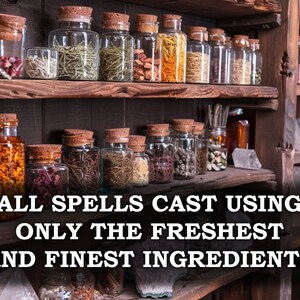 Op de afbeelding: Een houten plank gevuld met glazen potten met gedroogde kruiden en andere ingredi&euml;nten. De potten zijn voorzien van handgeschreven etiketten. De plank maakt deel uit van een winkel met de tekst "ALL SPELLS CAST USING ONLY THE FRESHEST AND FINEST INGREDIENTS".