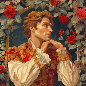 May include: A portrait of a person with brown hair wearing a red and gold patterned jacket with white lace trim. The person is looking to the right and has their hands clasped together in front of their face. The background is a floral pattern with red roses.