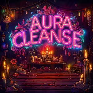 以下が含まれることがあります： ピンクの文字で「AURA CLEANSE」と書かれたネオンサインが、花とろうそくで囲まれています。サインは暗い背景の壁に掛けられています。