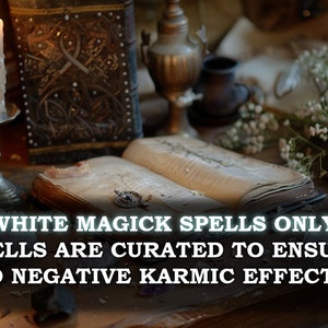 May include: A lit white candle in a silver candlestick, an open book with a small pendant, and a decorative box are on a wooden table. The text reads: WHITE MAGICK SPELLS ONLY SPELLS ARE CURATED TO ENSURE NO NEGATIVE KARMIC EFFECTS.