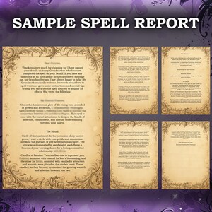 May include: A vintage-style document titled "SAMPLE SPELL REPORT" with ornate borders. The report includes handwritten text on aged paper, detailing a ritual with candles and rose petals. The background is a dark purple with decorative floral elements.