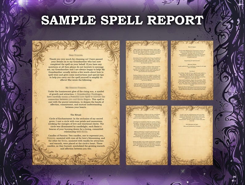 May include: A vintage-style document titled "SAMPLE SPELL REPORT" with ornate borders. The report includes handwritten text on aged paper, detailing a ritual with candles and rose petals. The background is a dark purple with decorative floral elements.