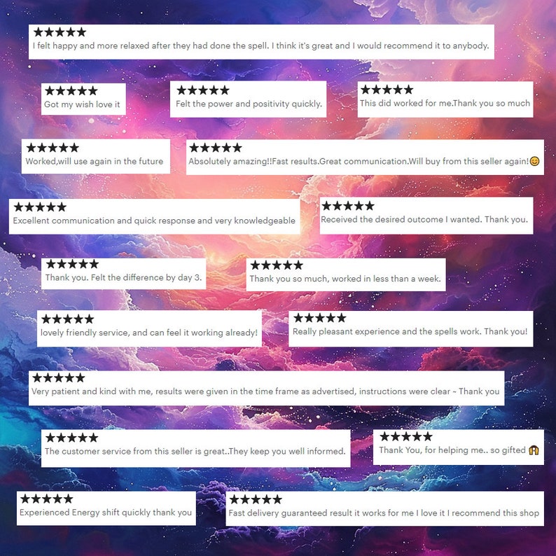 May include: A digital image featuring customer reviews on a purple and pink cloudy background. The reviews are in white rectangular boxes with black star ratings. The reviews express satisfaction with the service and results.