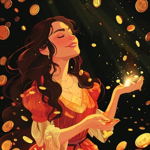 Op de afbeelding: Een vrouw met lang donker haar draagt een rode jurk met gouden accenten. Ze staat met haar ogen dicht en een glimlach op haar gezicht. Ze houdt een klein gouden voorwerp in haar hand en gouden munten vallen om haar heen.