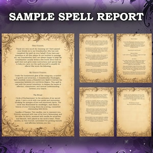 K&ouml;nnte beinhalten: Ein Dokument im Vintage-Stil mit dem Titel &bdquo;SAMPLE SPELL REPORT&ldquo; und verzierten R&auml;ndern. Das Dokument enth&auml;lt handschriftlichen Text, einschlie&szlig;lich Anweisungen f&uuml;r ein Ritual, und ist im mystischen Stil mit einem lila-goldenen Farbschema gestaltet.