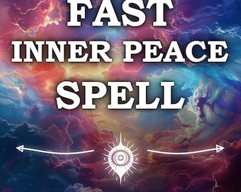 Op de afbeelding: Een kleurrijk beeld met een bewolkte hemel als achtergrond. De tekst "FAST INNER PEACE SPELL" staat in witte letters. Onder de tekst bevindt zich een wit symbool met een oog in het midden. De tekst "same day cast" staat onder het symbool.