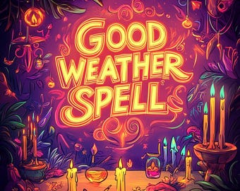 May include: A vibrant digital illustration featuring the text Good Weather Spell in glowing yellow letters. The scene is filled with numerous lit candles, small glass jars, and lush foliage in shades of purple, orange, and pink.