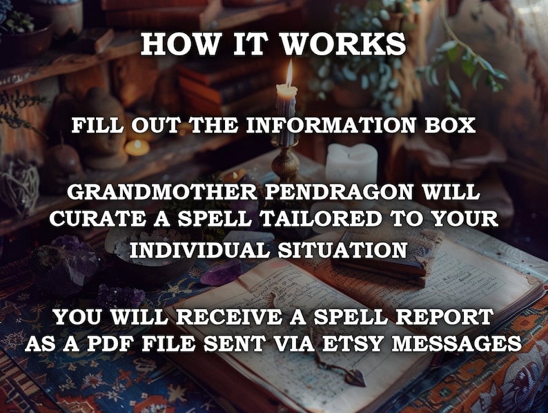 Op de afbeelding: Een close-up van een open boek met een brandende kaars en kristallen op een houten tafel. De tekst op de pagina luidt "HOW IT WORKS" en "FILL OUT THE INFORMATION BOX". De tekst hieronder luidt "GRANDMOTHER PENDRAGON WILL CURATE A SPELL TAILORED TO YOUR INDIVIDUAL SITUATION" en "YOU WILL RECEIVE A SPELL REPORT AS A PDF FILE SENT VIA ETSY MESSAGES".