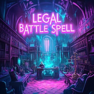 Könnte beinhalten: Digitales Kunstwerk einer Bibliotheksszene mit dem Text "LEGAL BATTLE SPELL" in Neonrosa. Der Raum ist mit Bücherregalen, Tischen und Figuren gefüllt, mit einem lebendigen Blau- und Violettschema.