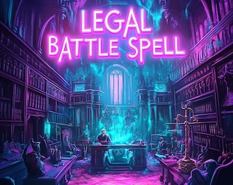 Puede incluir: Ilustración digital de una escena de biblioteca con el texto "LEGAL BATTLE SPELL" en rosa neón. La habitación está llena de estanterías, mesas y figuras, con una vibrante combinación de colores azul y morado.
