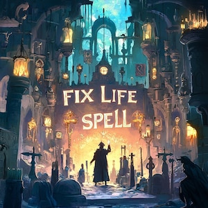 Może przedstawiać: Fantastyczna ilustracja ciemnej, tajemniczej uliczki z tabliczką z napisem "Fix Life Spell". Uliczka jest oświetlona świecącymi latarniami i przedstawia postać w długim płaszczu trzymającą świecącą kulę.