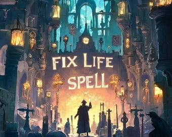 Puede incluir: Una ilustración de fantasía de un callejón oscuro y misterioso con un letrero que dice "Fix Life Spell". El callejón está iluminado por linternas brillantes y presenta una figura con un abrigo largo que sostiene un orbe brillante.