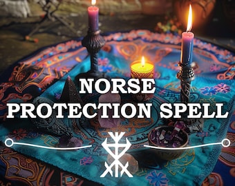 Może przedstawiać: Turkusowa i pomarańczowa tkanina we wzory z napisem "NORSE PROTECTION SPELL" i symbolem. Na tkaninie ułożone są zapalone świece i kryształy. Widoczny jest również tekst "same day cast".