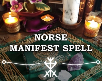 Puede incluir: Un paño verde y dorado con las palabras "Norse Manifest Spell" y "same day cast" en texto blanco. Hay velas, cristales y un pequeño libro sobre el paño.