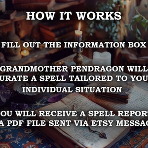May include: A close-up of an open book with a lit candle and crystals on a wooden table. The text on the page reads "HOW IT WORKS" and "FILL OUT THE INFORMATION BOX". The text below reads "GRANDMOTHER PENDRAGON WILL CURATE A SPELL TAILORED TO YOUR INDIVIDUAL SITUATION" and "YOU WILL RECEIVE A SPELL REPORT AS A PDF FILE SENT VIA ETSY MESSAGES".