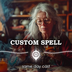 May include: An older person with long grey hair and glasses wearing a dark red garment. The text CUSTOM SPELL is centred in white, with a white graphic of an eye below it, and the text same day cast at the bottom of the image.