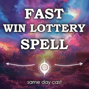 Pode incluir: Um gráfico de texto branco sobre um fundo de nuvens coloridas. O texto diz "FAST WIN LOTTERY SPELL same day cast".