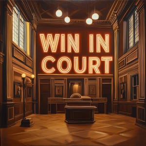 Könnte beinhalten: Innenraumgemälde eines Gerichtssaals mit dem Neon-Schriftzug "WIN IN COURT". Der Raum ist mit dunklen Holzvertäfelungen, Fenstern und einer Richterbank ausgestattet. Der Boden hat ein Parkettmuster.