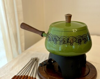 Olla de fondue vintage, verde y negro, patrón de setas