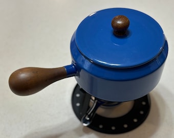 Vintage Enamel Fondue Pot, Blue and White, Made in Japan