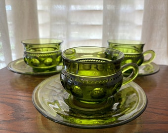 Set van 3, Indiana Glass, avocadogroen, kop en schotels, vintage