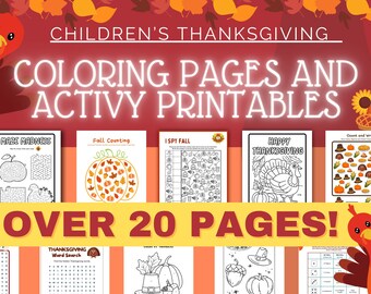 May include: A set of over 20 printable Thanksgiving coloring pages and activity sheets for children. The pages feature a variety of themes, including a maze, fall counting, I spy, a turkey coloring page, and a count and write activity.