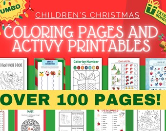 May include: A colorful Christmas-themed activity book for children. The cover features the text "Children's Christmas Coloring Pages and Activity Printables" with various coloring pages and activities, including a maze and scavenger hunt.