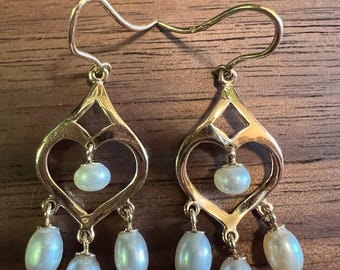 14k Solid Yellow Gold Pearl Drop Earrings, Vintage Pearl Dangle Earrings, Bridal Jewelry, June Birthday Earrings, Anniversary Gold Earrings