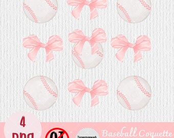 May include: Set of four digital illustrations of pink bows and baseballs. The baseballs are white with red stitching. The bows are pink with white stripes. The illustrations are on a white background.