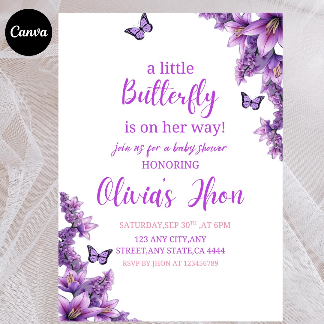 Editable Butterfly Baby Shower Invitation, Pink Purple Floral Baby ...