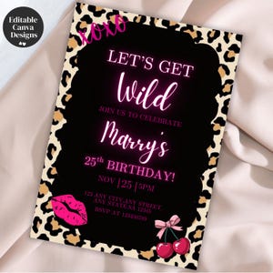 Invitación de cumpleaños con estampado de leopardo y guepardo, tema de cerezas rosas y negras editable, invitación para fiesta "Let's Get Wild", plantilla de Canva, imprimible.
