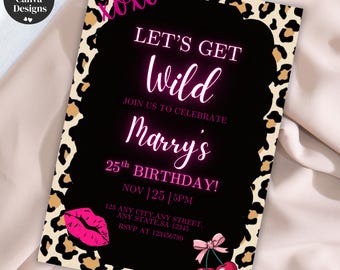 Cheetah Leopard Print Birthday Invitation, Editable Pink and Black Cherry Theme, Let's Get Wild Party Invite, Canva Template, Printable