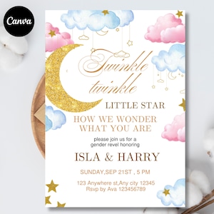 May include: A baby shower invitation with a gold glitter crescent moon and stars. The text reads "Twinkle twinkle little star" with details for a gender reveal honoring Isla & Harry.
